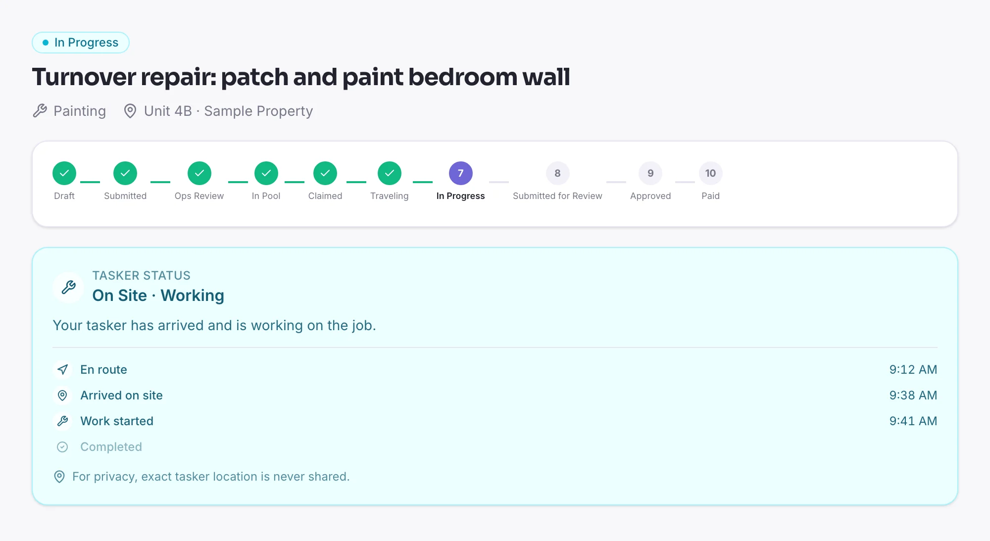 The job in progress: timestamps for en route, arrived on site and work started.