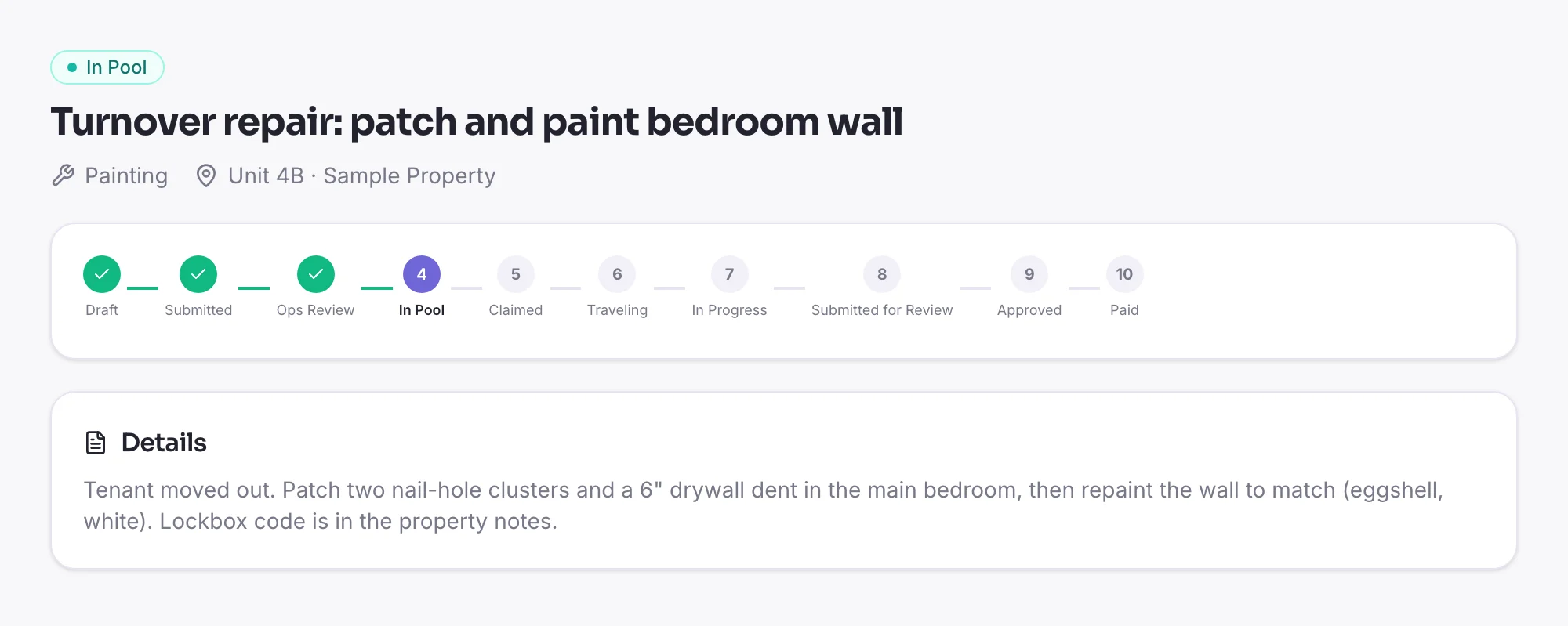 A posted job on Nuvex Nova: patch and paint a bedroom wall in Unit 4B, with its status timeline at In Pool.
